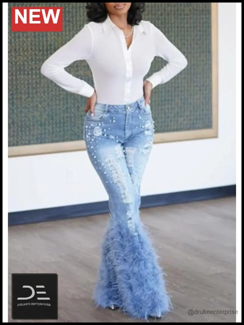 High Waisted Flared Pearl Ripped Jeans Womens Stretch Bell Bottom Denim